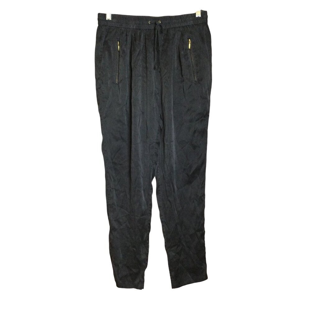 Paige Womens Black 100% Silk Drawstring Jogger Pants With Gold Zipper Details M